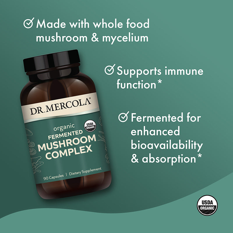 Dr. Mercola's Organic Fermented Mushroom Complex - supports immune function, cellular growth, detoxification, weight management, urinary, and digestive health. Available at BiosenseClinic.com.