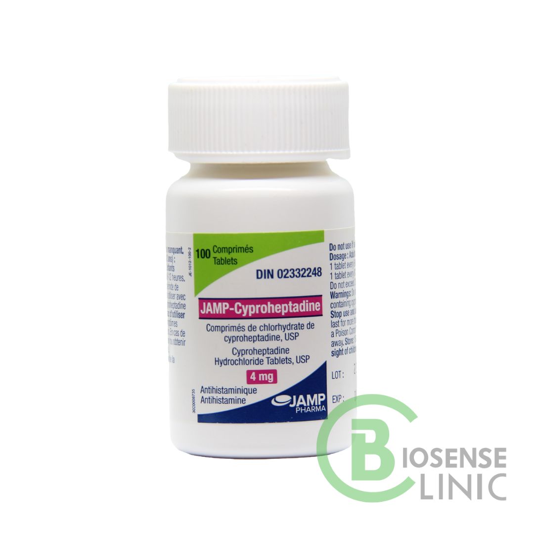 JAMP Cyproheptadine 4mg Tablets are an antihistamine commonly used to relieve symptoms associated with allergies such as runny nose, watery eyes, and itchy skin. Available at BiosenseClinic.